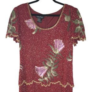 Laurence Kazar Vintage Beaded Dress Red Gold Tulips Long Evening Gown Size 8